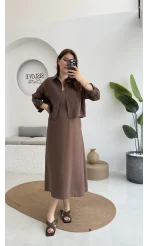 Askılı Gömlek Elbise Takım - 51153 - Kahve