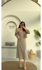 Askılı Gömlek Elbise Takım - 51153 - Vizon