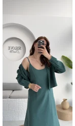 Askılı Gömlek Elbise Takım - 51153 - Zümrüt Yeşili