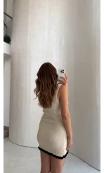 Askılı Mini Triko Elbise - Ekru
