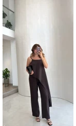 Askılı Modal Asimetrik Bluz-Pantolon Takım - Kahve - Kod: 9191