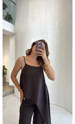 Askılı Modal Asimetrik Bluz-Pantolon Takım - Kahve - Kod: 9191