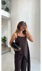 Askılı Modal Asimetrik Bluz-Pantolon Takım - Kahve - Kod: 9191