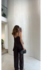 Askılı Modal Asimetrik Bluz-Pantolon Takım - Kahve - Kod: 9191