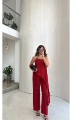Askılı Modal Asimetrik Bluz-Pantolon Takım - Kırmızı - Kod: 9191