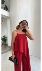 Askılı Modal Asimetrik Bluz-Pantolon Takım - Kırmızı - Kod: 9191