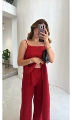 Askılı Modal Asimetrik Bluz-Pantolon Takım - Kırmızı - Kod: 9191