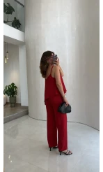 Askılı Modal Asimetrik Bluz-Pantolon Takım - Kırmızı - Kod: 9191