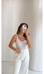 Askılı Pullu Bluz - Ekru - Kod: 2778