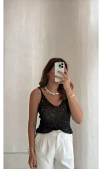 Askılı Pullu Bluz - Siyah - Kod: 2778