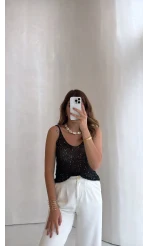 Askılı Pullu Bluz - Siyah - Kod: 2778