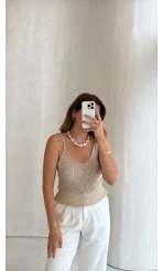 Askılı Pullu Bluz - Taş - Kod: 2778