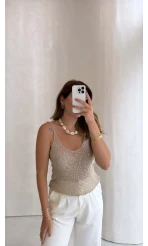 Askılı Pullu Bluz - Taş - Kod: 2778