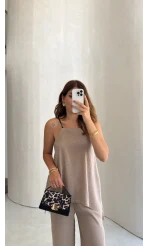 Askılı Taşlı Tulum - Bej - Kod: 3464