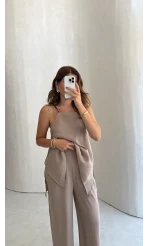 Askılı Taşlı Tulum - Bej - Kod: 3464