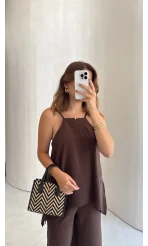 Askılı Taşlı Tulum - Kahve - Kod: 3464