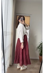 Astarlı Bordo Kloş Kırışık Etek