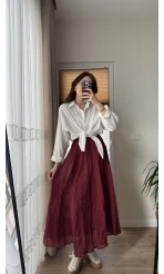 Astarlı Bordo Kloş Kırışık Etek