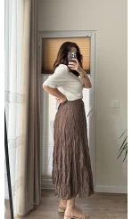 Astarlı Kahverengi Kloş Kırışık Etek