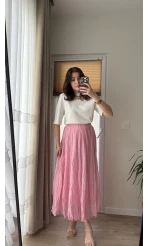 Astarlı Pembe Kloş Kırışık Etek