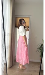 Astarlı Pembe Kloş Kırışık Etek