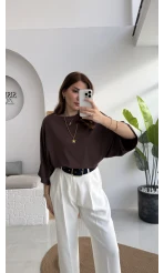 Athena Modal Yarasa Kol Kayık Yaka Bluz - Kahve