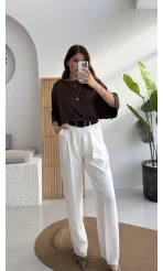 Athena Modal Yarasa Kol Kayık Yaka Bluz - Kahve