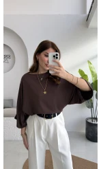 Athena Modal Yarasa Kol Kayık Yaka Bluz - Kahve