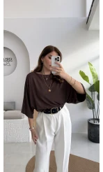 Athena Modal Yarasa Kol Kayık Yaka Bluz - Kahve