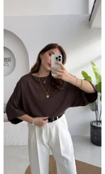 Athena Modal Yarasa Kol Kayık Yaka Bluz - Kahve