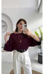 Athena Modal Yarasa Kol Kayık Yaka Bluz - Mürdüm