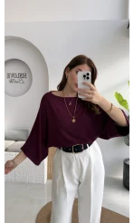 Athena Modal Yarasa Kol Kayık Yaka Bluz - Mürdüm