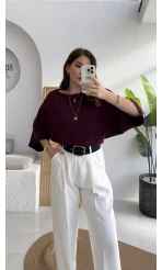 Athena Modal Yarasa Kol Kayık Yaka Bluz - Mürdüm