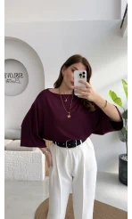 Athena Modal Yarasa Kol Kayık Yaka Bluz - Mürdüm