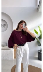 Athena Modal Yarasa Kol Kayık Yaka Bluz - Mürdüm