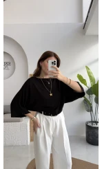 Athena Modal Yarasa Kol Kayık Yaka Bluz - Siyah