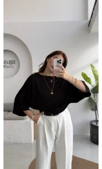 Athena Modal Yarasa Kol Kayık Yaka Bluz - Siyah