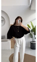 Athena Modal Yarasa Kol Kayık Yaka Bluz - Siyah