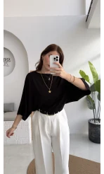 Athena Modal Yarasa Kol Kayık Yaka Bluz - Siyah