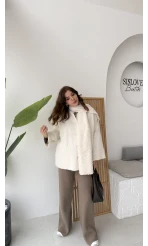 Atkılı Tüylü Ceket - Ekru - Kod: 52603