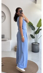 Aurora Gold Düğmeli Yelek Pantolon Takım - Mavi - 8009