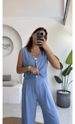 Aurora Gold Düğmeli Yelek Pantolon Takım - Mavi - 8009