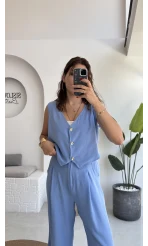 Aurora Gold Düğmeli Yelek Pantolon Takım - Mavi - 8009
