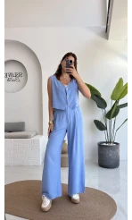 Aurora Gold Düğmeli Yelek Pantolon Takım - Mavi - 8009