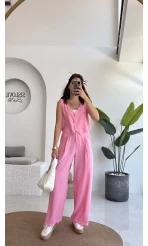 Aurora Gold Düğmeli Yelek Pantolon Takım - Pembe - 8009