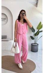 Aurora Gold Düğmeli Yelek Pantolon Takım - Pembe - 8009
