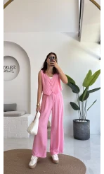Aurora Gold Düğmeli Yelek Pantolon Takım - Pembe - 8009