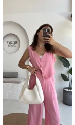 Aurora Gold Düğmeli Yelek Pantolon Takım - Pembe - 8009
