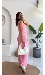 Aurora Gold Düğmeli Yelek Pantolon Takım - Pembe - 8009