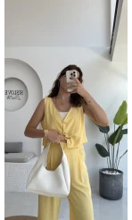 Aurora Gold Düğmeli Yelek Pantolon Takım - Sarı - 8009